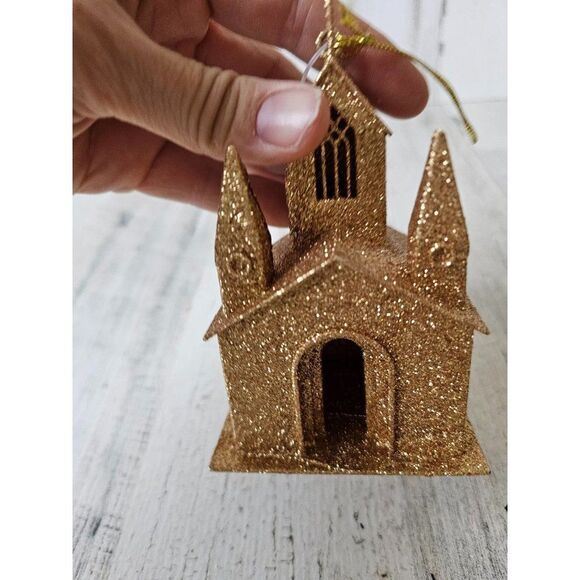 Gold glitter chapel Church ornament Xmas tree religious - Picture 11 of 12